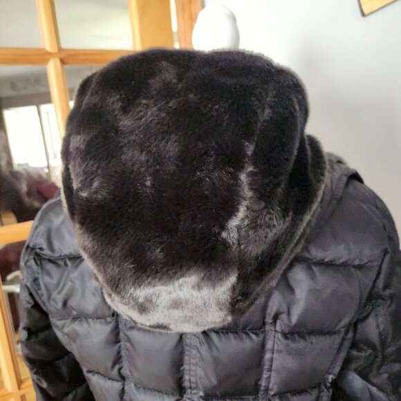 Nine West Faux Fur Collar & Hood Chevron Puffer Coat Jacket Parka Black Sz Small - Picture 7 of 13